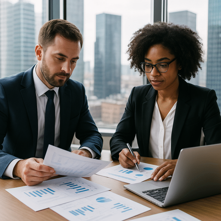 Two business professionals analyzing financial documents in a modern office, representing flexible financing solutions for businesses.