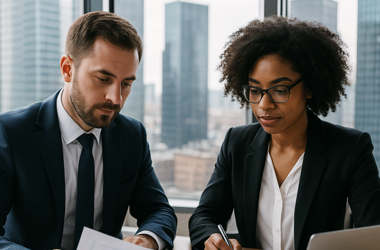 Two business professionals analyzing financial documents in a modern office, representing flexible financing solutions for businesses.