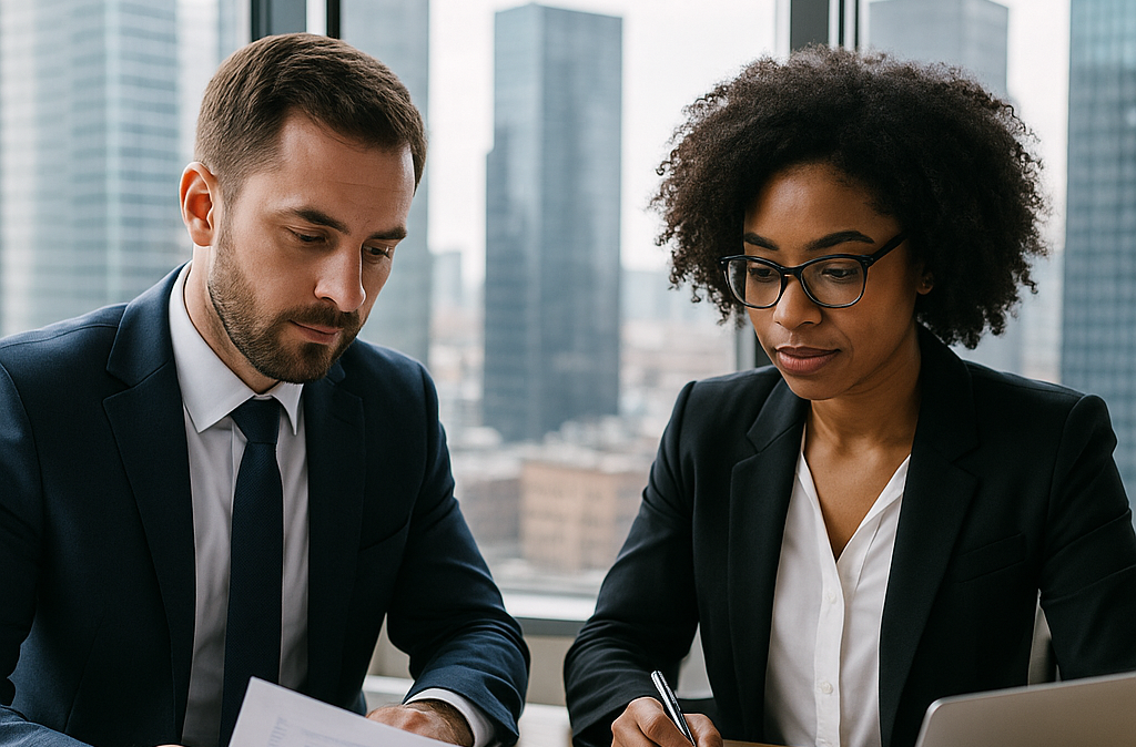 Two business professionals analyzing financial documents in a modern office, representing flexible financing solutions for businesses.