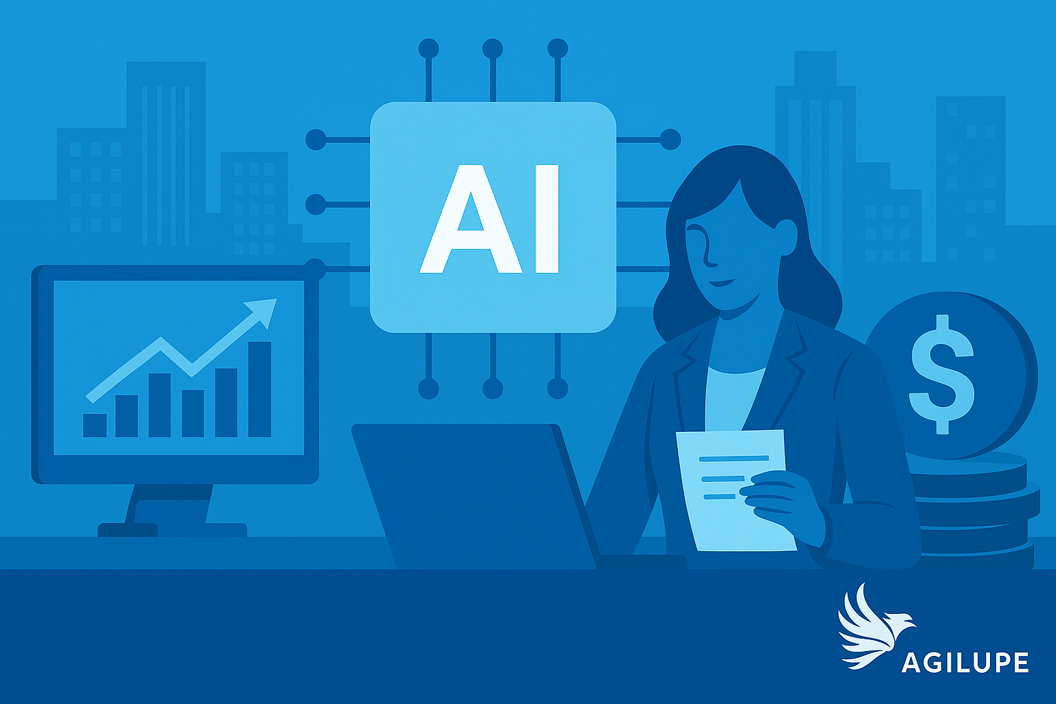 Business team analyzing real-time financial data using AI-driven financial planning tools in a modern office