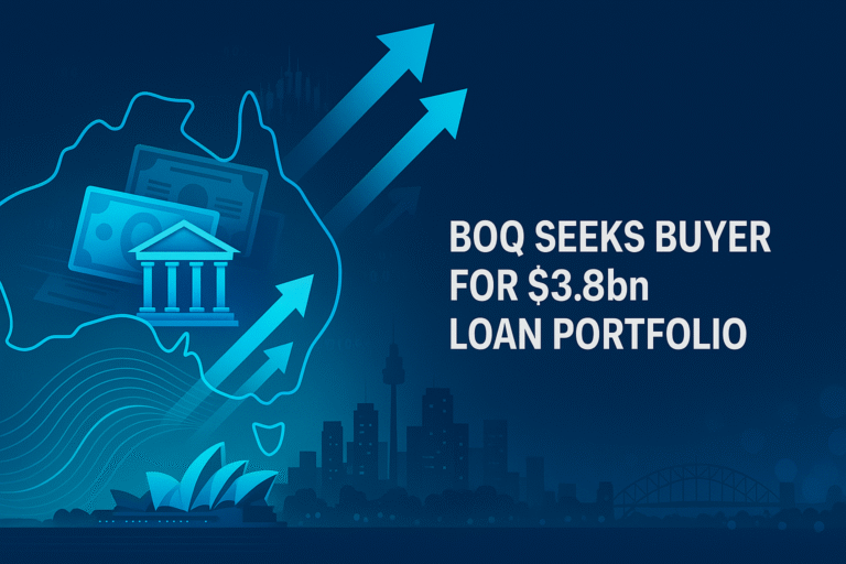 Digital illustration of Bank of Queensland’s A$3.8bn loan portfolio sale backed by Bank of America, symbolizing financial growth and capital strategy.
