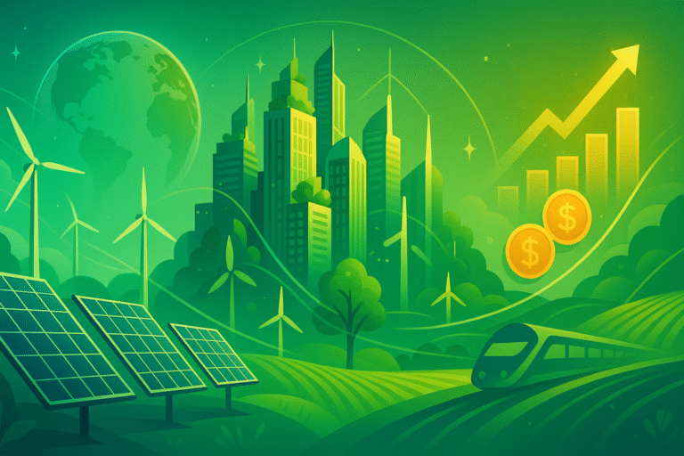 Widescreen illustration of sustainable growth with solar panels, wind turbines, modern city skyline, farmland, and financial symbols representing green financing.