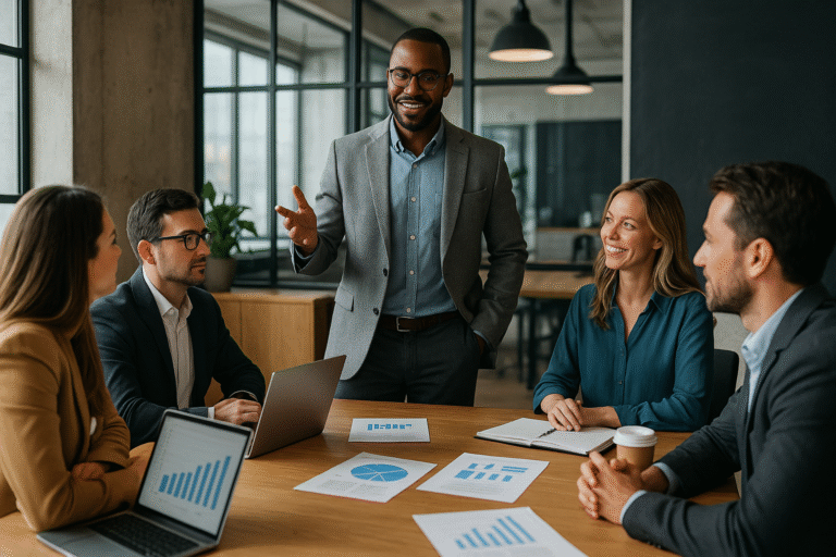 Professional business leader standing confidently in a modern office environment, symbolizing agile leadership and forward-thinking decision-making.