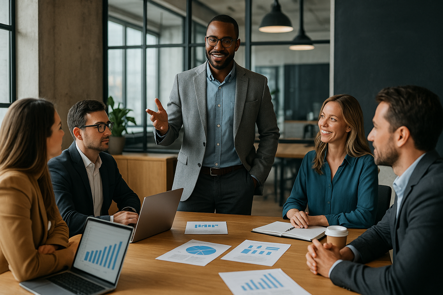 Professional business leader standing confidently in a modern office environment, symbolizing agile leadership and forward-thinking decision-making.