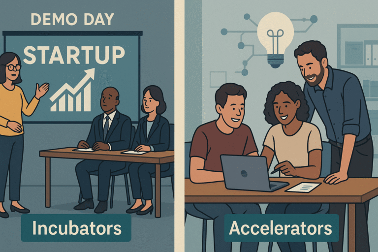 incubators accelerators funding — startup founders pitching and collaborating in programs
