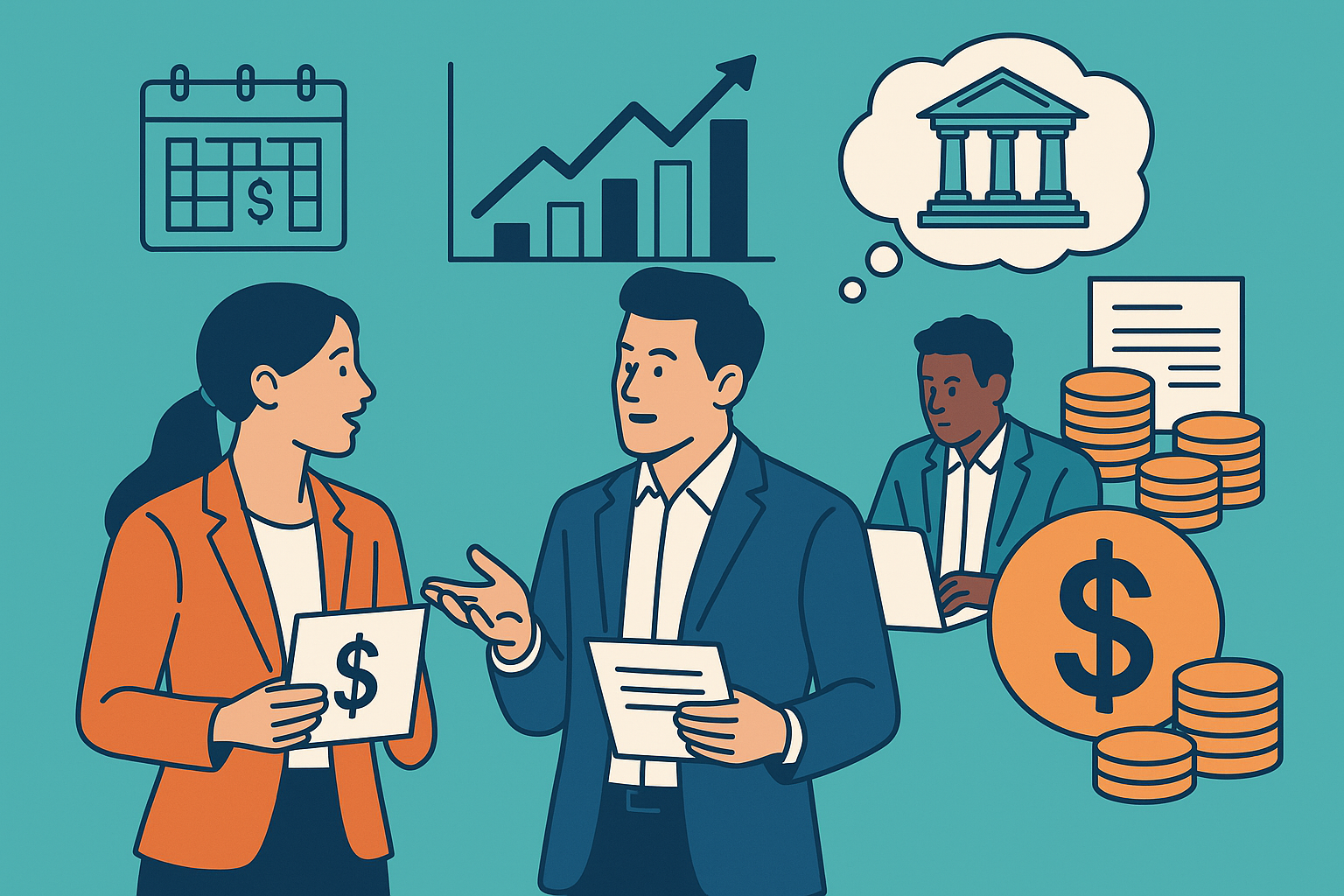 Business professionals discussing financial strategies such as invoice factoring and bridge loans, surrounded by icons representing cash flow, bank funding, and financial growth.