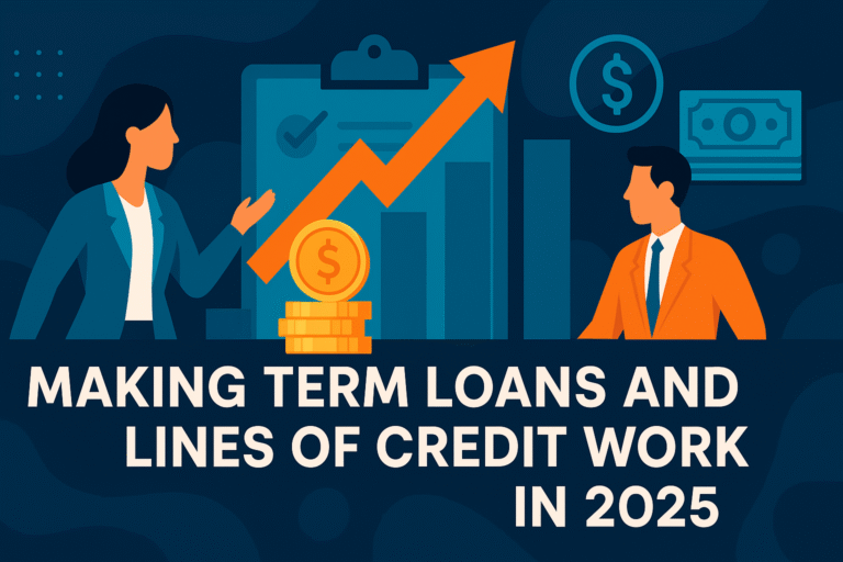 Business professionals reviewing financial reports and discussing term loans and lines of credit strategies in a 2025 lending environment.